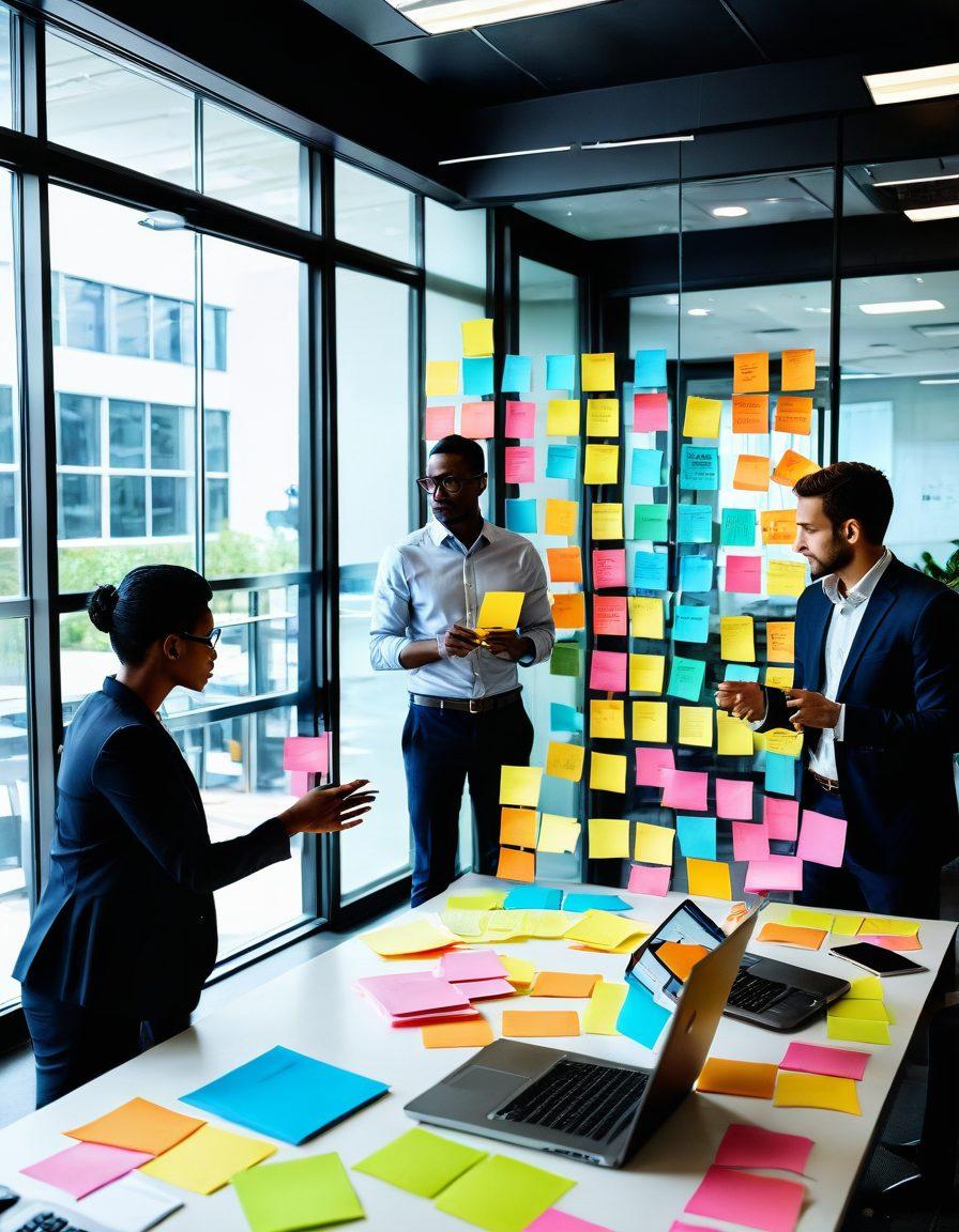 A diverse team of professionals in a dynamic office setting, brainstorming with colorful post-it notes on a large glass wall, laptops open with data and charts visible. The scene conveys collaboration and innovation, with a bright atmosphere emphasizing teamwork. Incorporate elements of digital tools and strategic planning visuals. super-realistic. vibrant colors. modern corporate style.