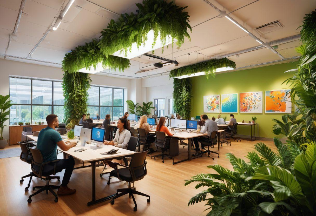 A diverse group of employees collaborating in a bright, open office space, showcasing various activities like brainstorming, team-building exercises, and discussions. Incorporate elements like plants and colorful artwork to signify a vibrant culture, with warm lighting and a sense of community. The scene should convey inclusivity and productivity, representing a thriving workplace. super-realistic. vibrant colors. modern style.
